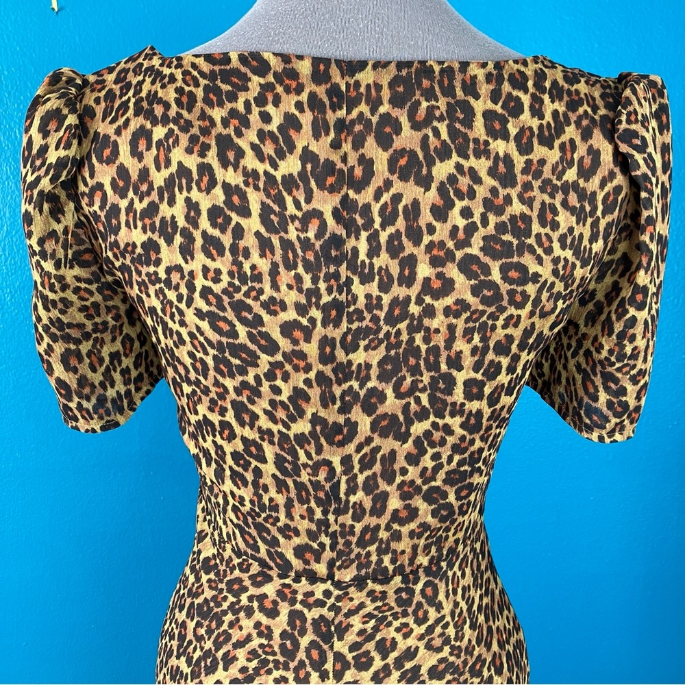STAUD Lea Leopard Print Maxi Dress w/ Side Slit & Puff Sleeves Size 2 - Picture 6 of 16